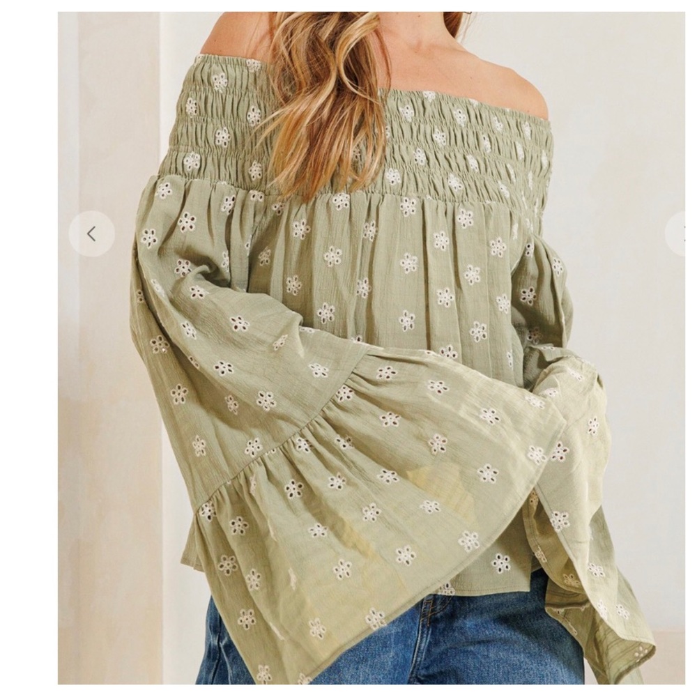 47 Boho Punching Detail Off Shoulder Wide Flared Cuff Top